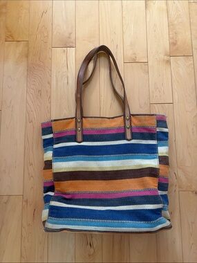 Fossil Multicolor Striped Canvas Tote with Brown Leather Handles